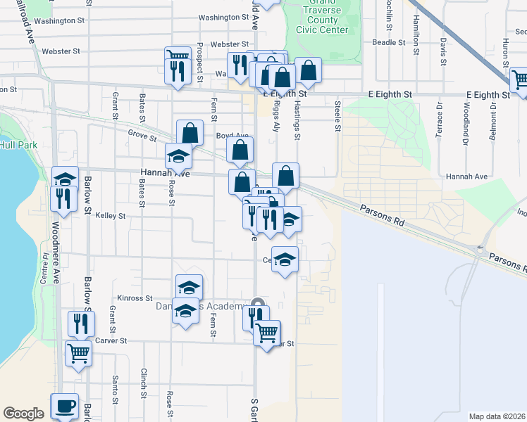 map of restaurants, bars, coffee shops, grocery stores, and more near 735 South Garfield Avenue in Traverse City