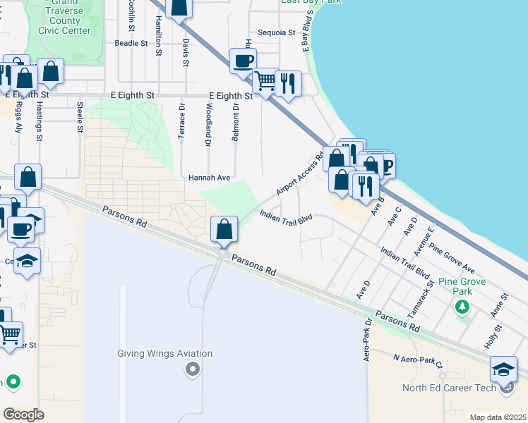 map of restaurants, bars, coffee shops, grocery stores, and more near 702 Eastgate Place in Traverse City