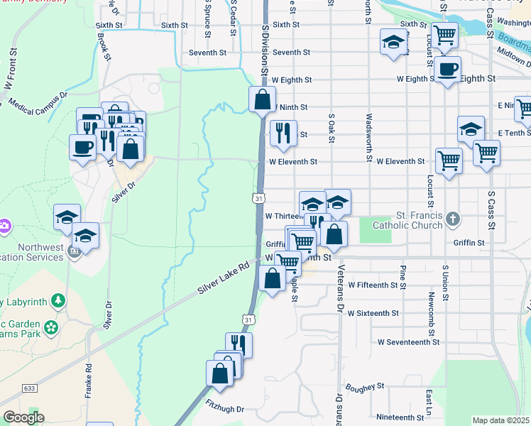 map of restaurants, bars, coffee shops, grocery stores, and more near 949-999 S Division St in Traverse City