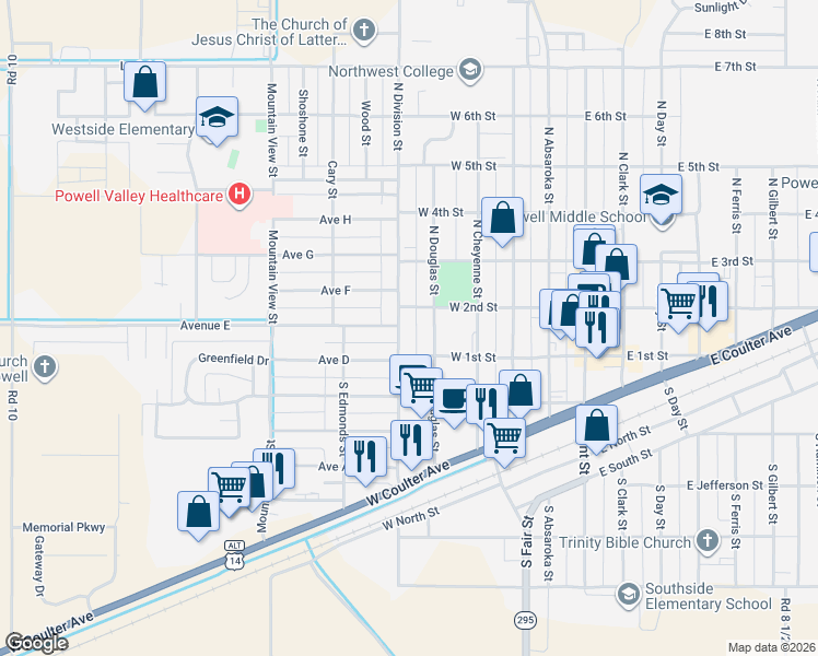 map of restaurants, bars, coffee shops, grocery stores, and more near 201-211 N Division St in Powell