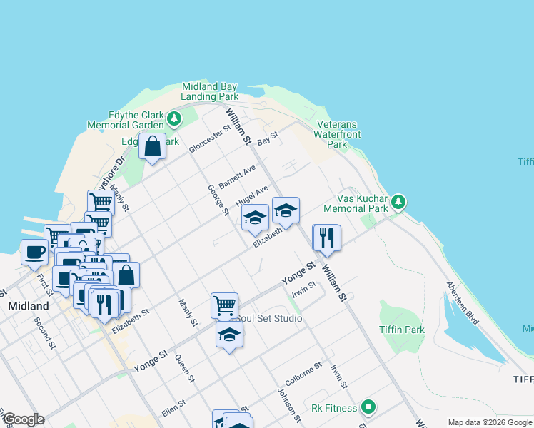 map of restaurants, bars, coffee shops, grocery stores, and more near 305 Lindsay Street in Midland