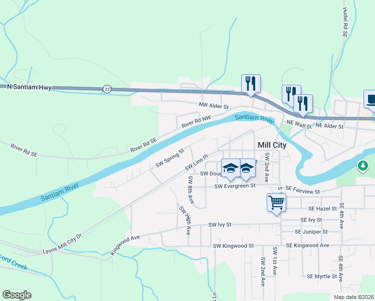 map of restaurants, bars, coffee shops, grocery stores, and more near 802 Southwest Spring Street in Mill City