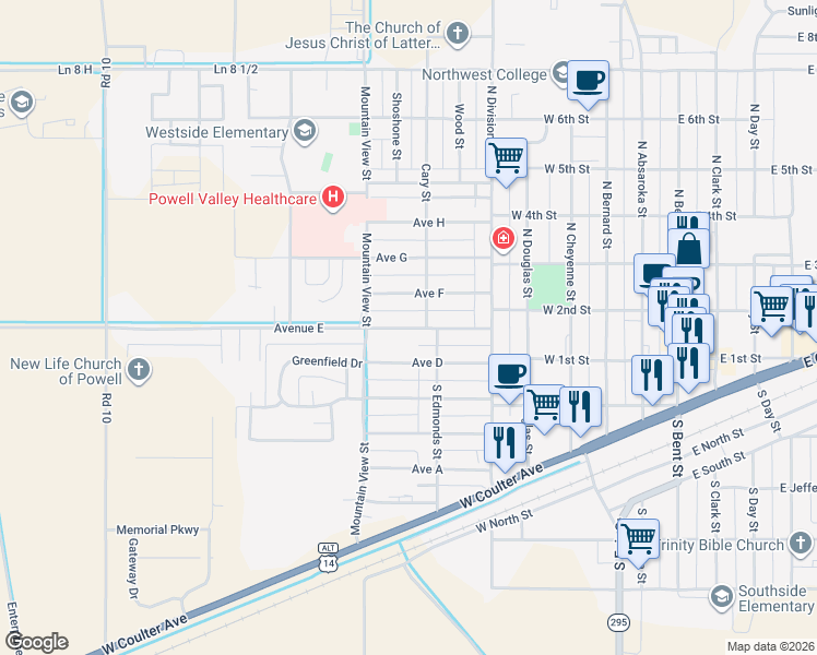 map of restaurants, bars, coffee shops, grocery stores, and more near 607 Avenue East in Powell