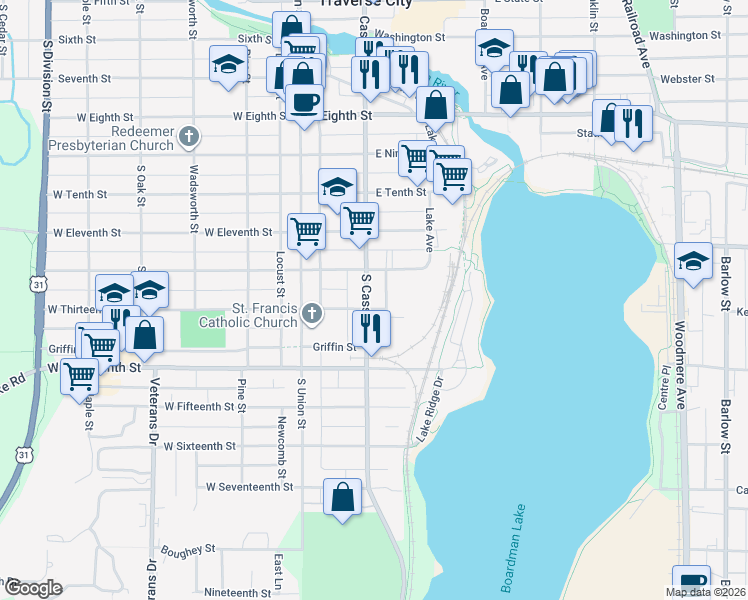 map of restaurants, bars, coffee shops, grocery stores, and more near 299 E 13th St in Traverse City