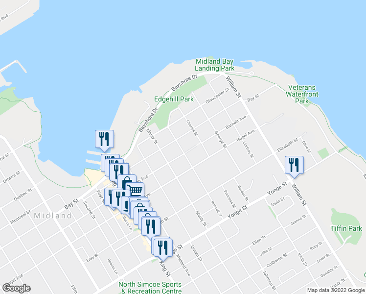 map of restaurants, bars, coffee shops, grocery stores, and more near 233 Russell Street in Midland
