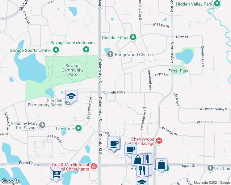map of restaurants, bars, coffee shops, grocery stores, and more near 13738 Brunswick Avenue South in Savage