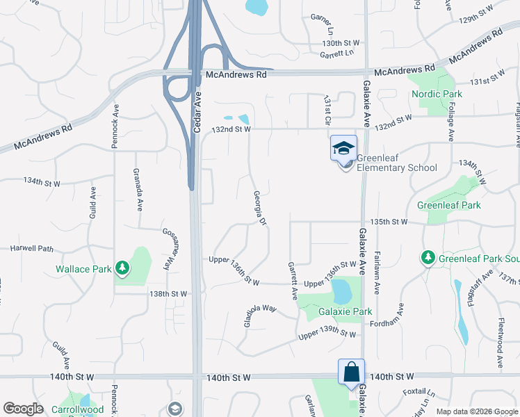 map of restaurants, bars, coffee shops, grocery stores, and more near 13493 Georgia Drive in Apple Valley