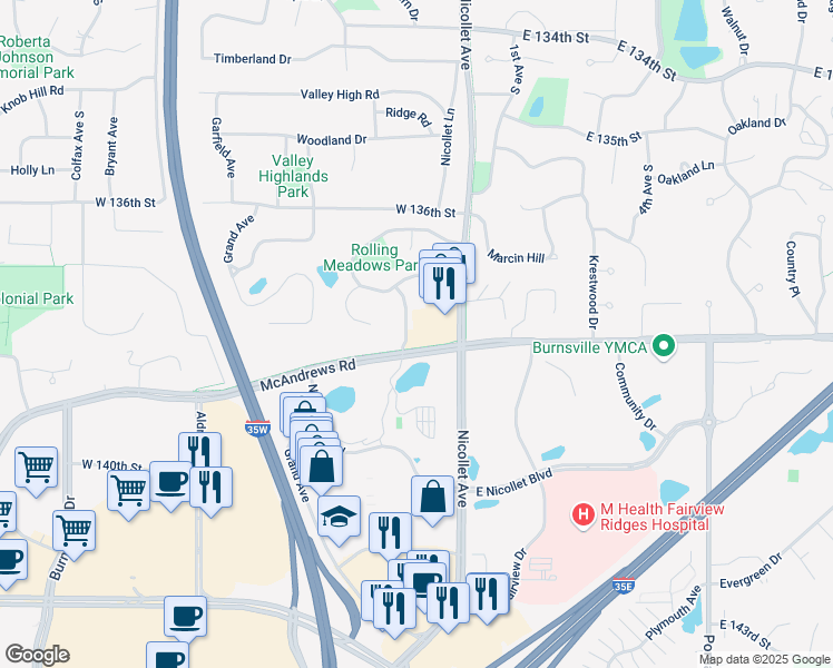 map of restaurants, bars, coffee shops, grocery stores, and more near 13733 Wentworth Avenue in Burnsville