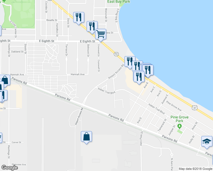 map of restaurants, bars, coffee shops, grocery stores, and more near 702 Eastgate Place in Traverse City
