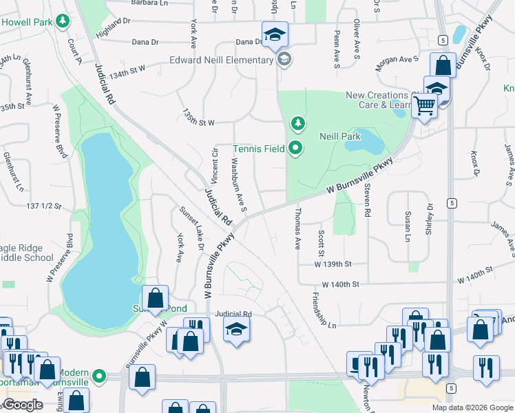 map of restaurants, bars, coffee shops, grocery stores, and more near 13708 Vincent Avenue South in Burnsville