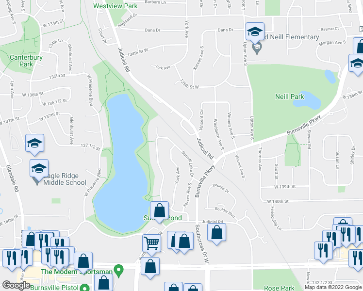 map of restaurants, bars, coffee shops, grocery stores, and more near 3224 Sunset Lake Drive in Burnsville
