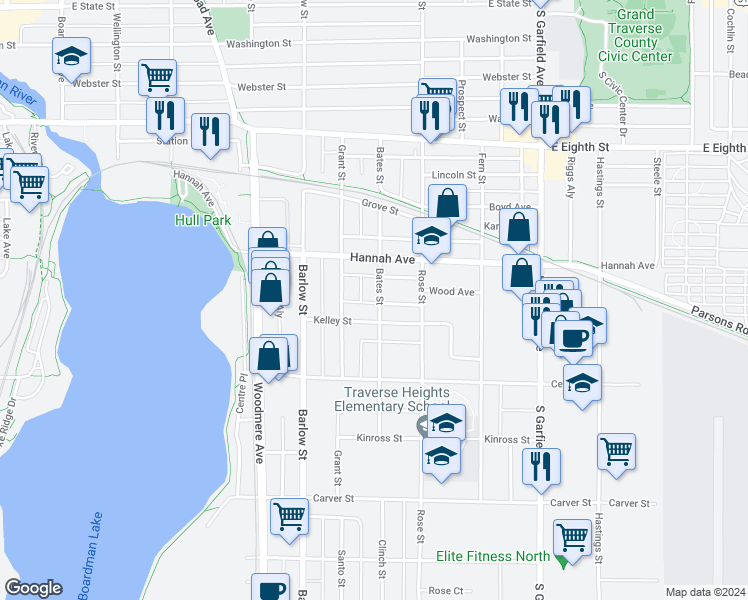 map of restaurants, bars, coffee shops, grocery stores, and more near 738 Bates Street in Traverse City