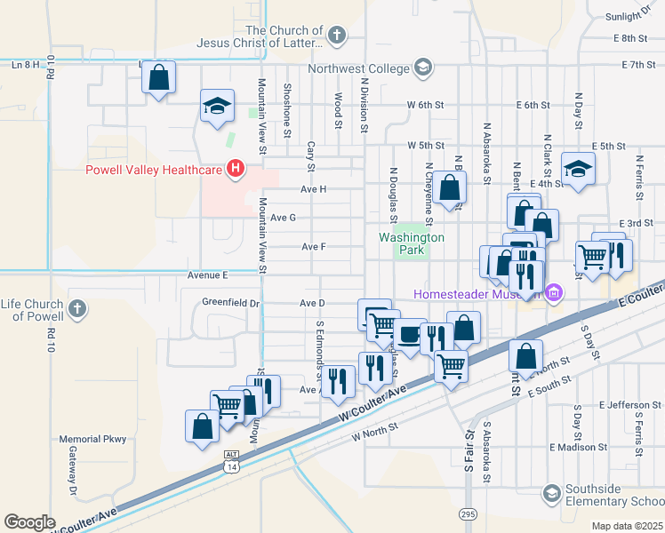 map of restaurants, bars, coffee shops, grocery stores, and more near 577 Avenue East in Powell