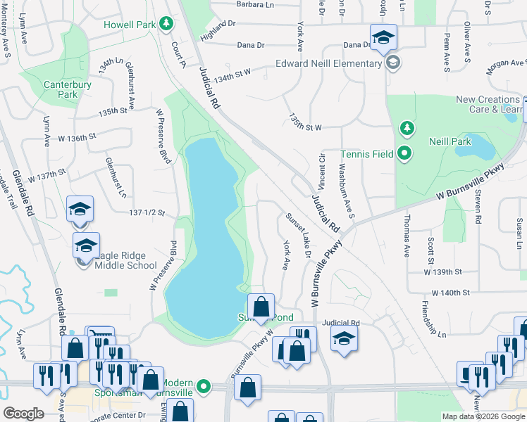 map of restaurants, bars, coffee shops, grocery stores, and more near 3309 Sunset Lake Drive in Burnsville