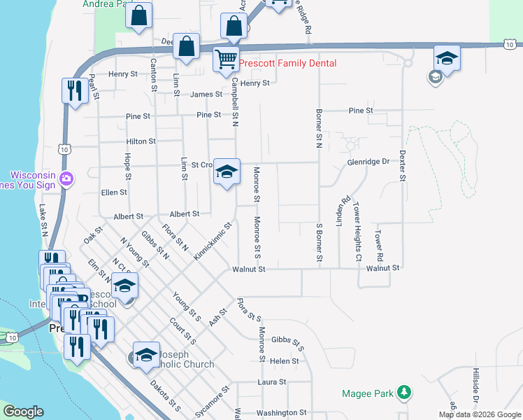 map of restaurants, bars, coffee shops, grocery stores, and more near 152 Monroe Street South in Prescott
