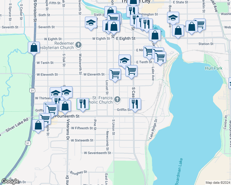map of restaurants, bars, coffee shops, grocery stores, and more near 917 South Union Street in Traverse City