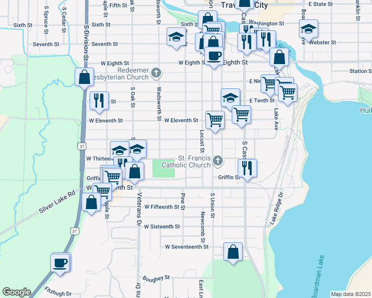 map of restaurants, bars, coffee shops, grocery stores, and more near 953 Pine Street in Traverse City