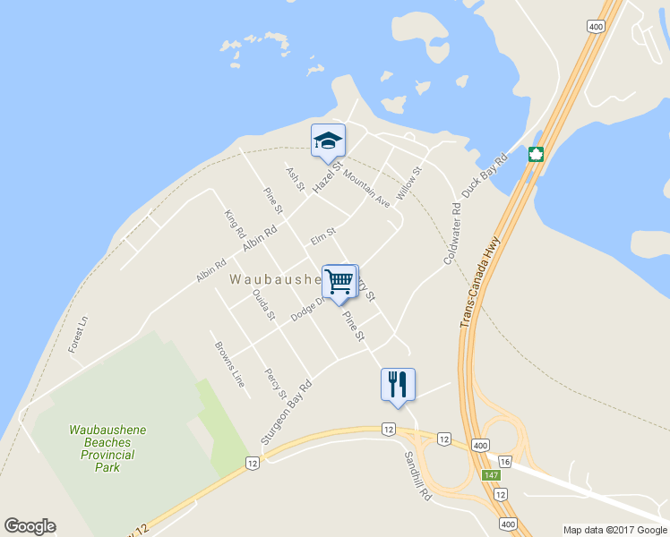map of restaurants, bars, coffee shops, grocery stores, and more near 17 Thiffault St in Waubaushene