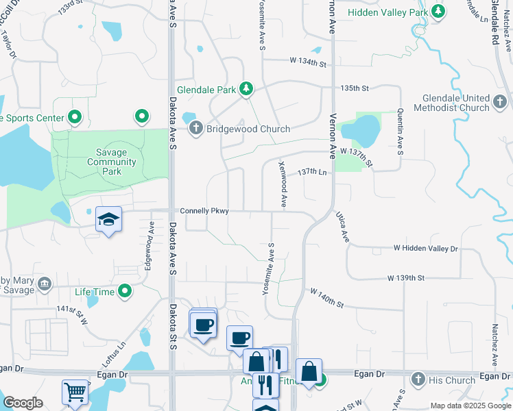 map of restaurants, bars, coffee shops, grocery stores, and more near 13798 Yosemite Avenue South in Savage