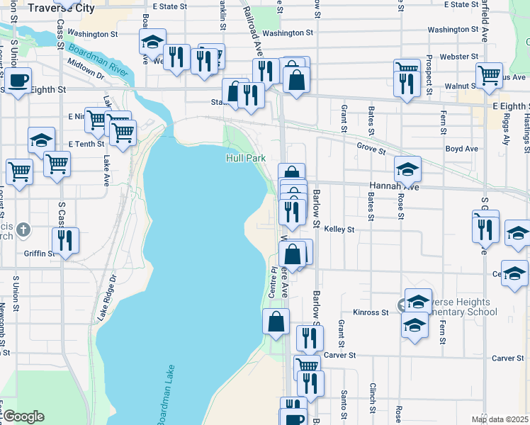 map of restaurants, bars, coffee shops, grocery stores, and more near 740 Centre Place in Traverse City