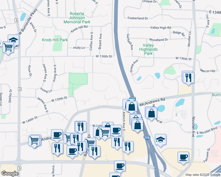 map of restaurants, bars, coffee shops, grocery stores, and more near 13736 Wellington Crescent in Burnsville