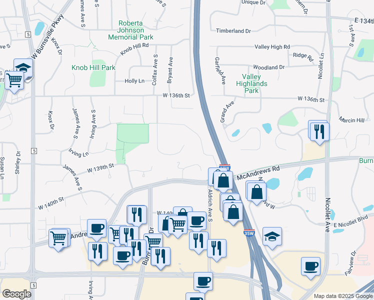 map of restaurants, bars, coffee shops, grocery stores, and more near 13736 Wellington Crescent in Burnsville