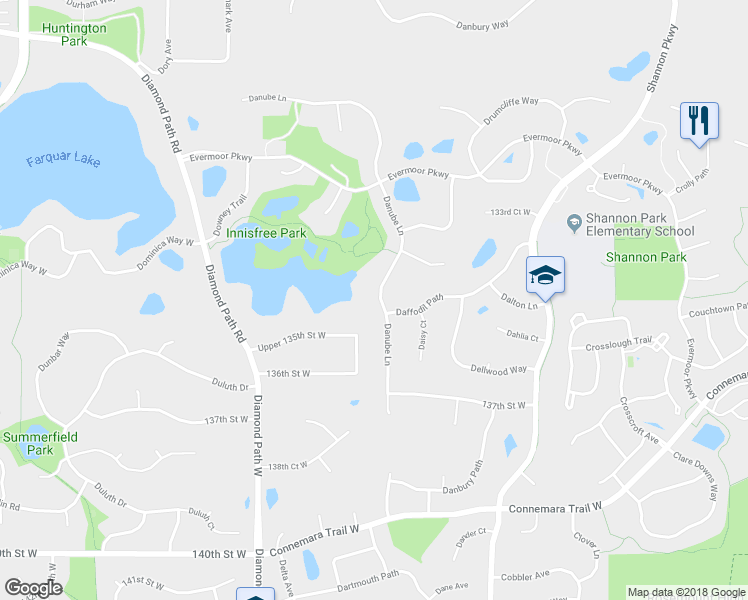 map of restaurants, bars, coffee shops, grocery stores, and more near 13473 Danube Lane in Rosemount