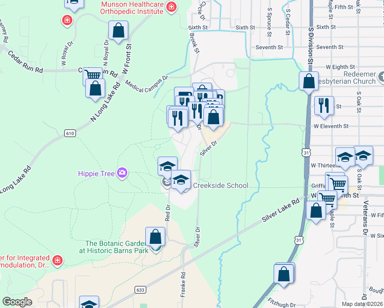 map of restaurants, bars, coffee shops, grocery stores, and more near 909 Cottageview Drive in Traverse City