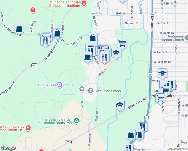 map of restaurants, bars, coffee shops, grocery stores, and more near 909 Cottageview Drive in Traverse City