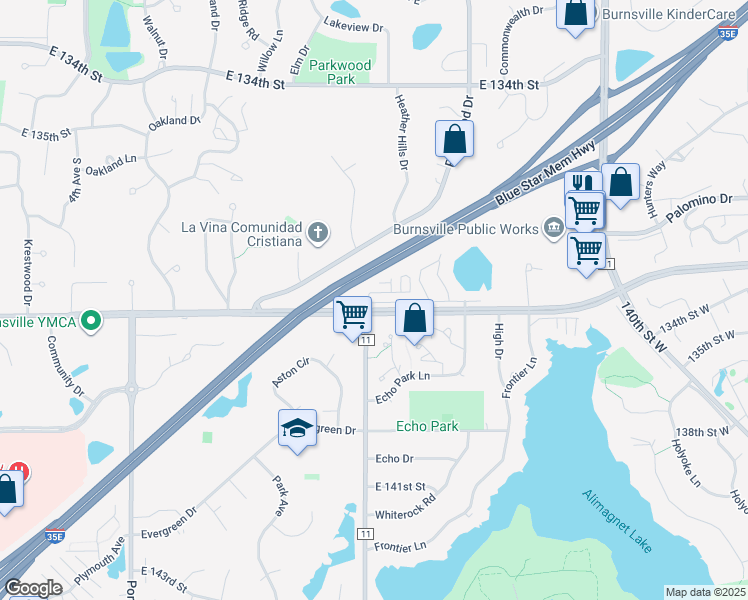 map of restaurants, bars, coffee shops, grocery stores, and more near 1150 McAndrews Road East in Burnsville