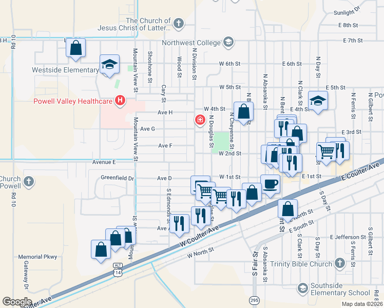 map of restaurants, bars, coffee shops, grocery stores, and more near 211 N Division St in Powell