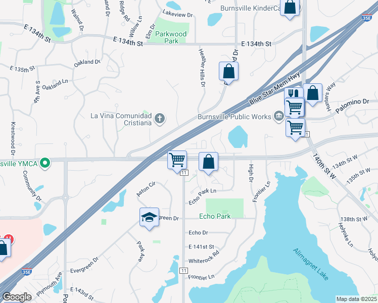 map of restaurants, bars, coffee shops, grocery stores, and more near 1150 McAndrews Road East in Burnsville