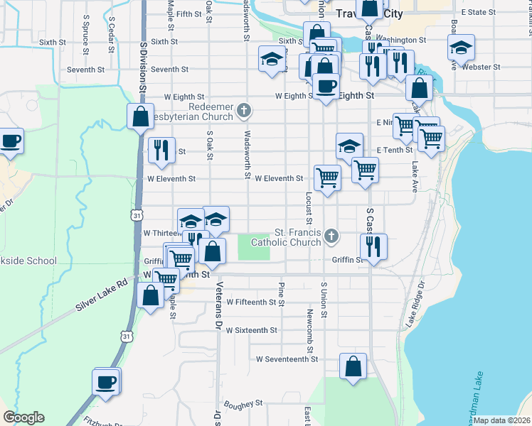 map of restaurants, bars, coffee shops, grocery stores, and more near 330 West Thirteenth Street in Traverse City