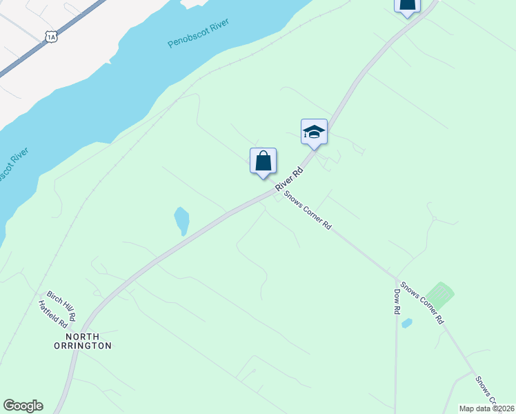 map of restaurants, bars, coffee shops, grocery stores, and more near 210 River Road in Orrington