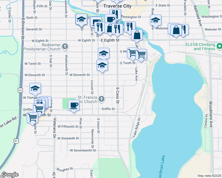 map of restaurants, bars, coffee shops, grocery stores, and more near 900-998 South Cass Street in Traverse City