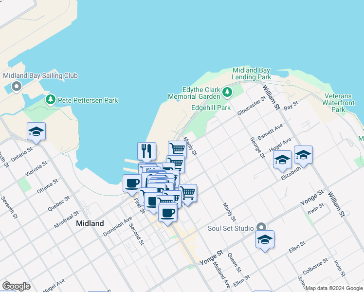 map of restaurants, bars, coffee shops, grocery stores, and more near 410 Gloucester Street in Midland