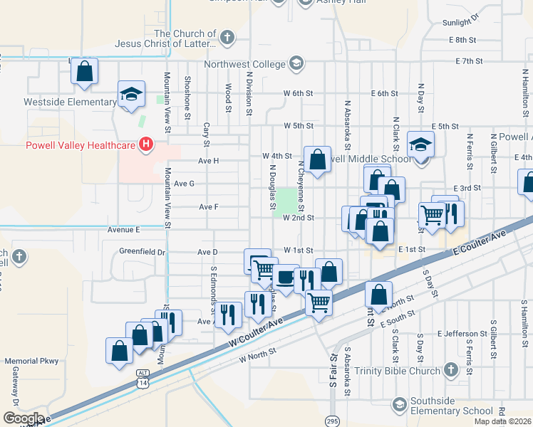 map of restaurants, bars, coffee shops, grocery stores, and more near 301-399 W 2nd St in Powell