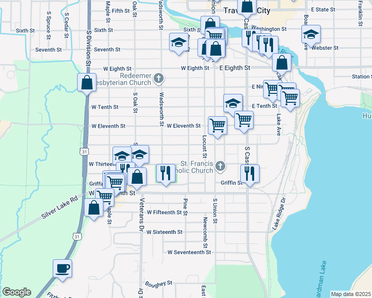 map of restaurants, bars, coffee shops, grocery stores, and more near 953-999 Pine Street in Traverse City