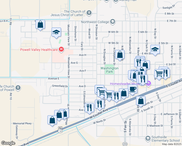 map of restaurants, bars, coffee shops, grocery stores, and more near 577 Avenue East in Powell