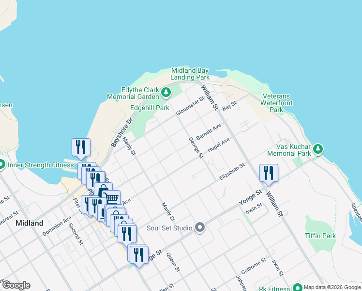 map of restaurants, bars, coffee shops, grocery stores, and more near 312 Barnett Avenue in Midland