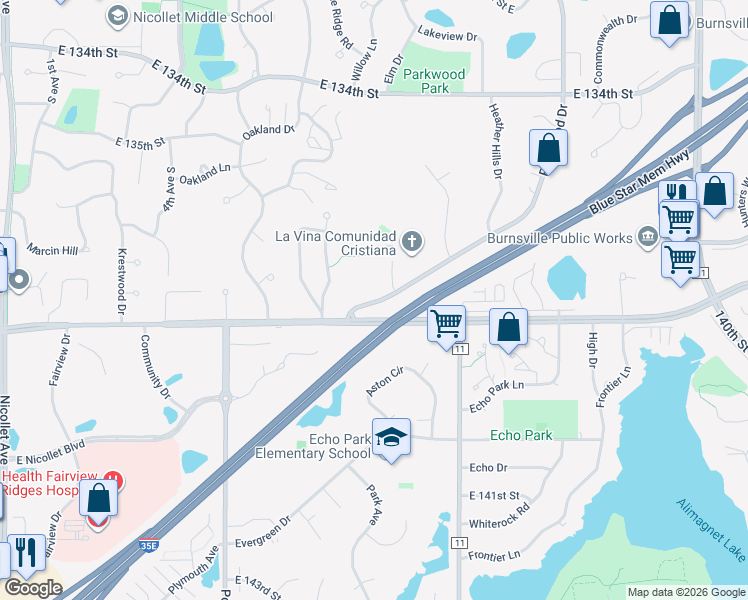 map of restaurants, bars, coffee shops, grocery stores, and more near 1202 McAndrews Road East in Burnsville