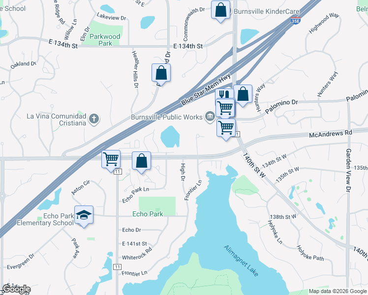 map of restaurants, bars, coffee shops, grocery stores, and more near 13786 Frontier Court in Burnsville