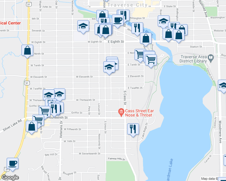 map of restaurants, bars, coffee shops, grocery stores, and more near 114 East Twelfth Street in Traverse City