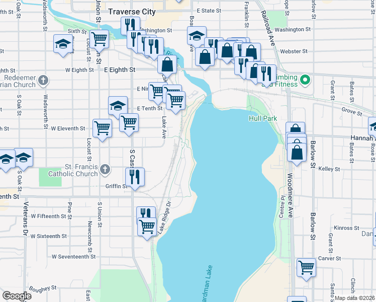 map of restaurants, bars, coffee shops, grocery stores, and more near Boardman Lake trail in Traverse City