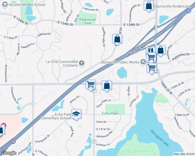 map of restaurants, bars, coffee shops, grocery stores, and more near 1202 McAndrews Road East in Burnsville