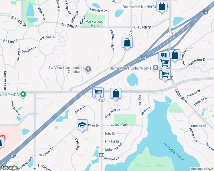 map of restaurants, bars, coffee shops, grocery stores, and more near 1206 McAndrews Road East in Burnsville