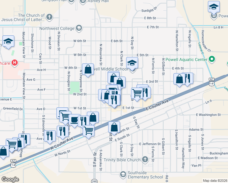 map of restaurants, bars, coffee shops, grocery stores, and more near 211 North Bent Street in Powell