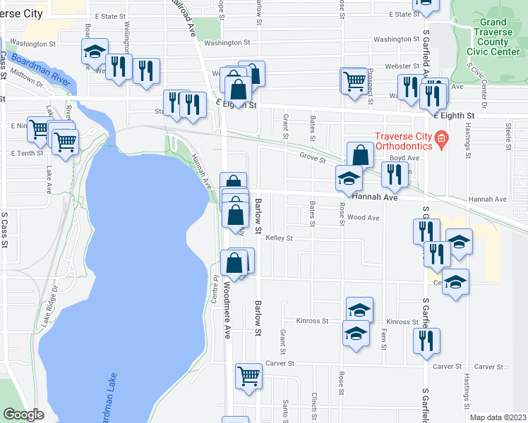 map of restaurants, bars, coffee shops, grocery stores, and more near 715 Barlow Street in Traverse City