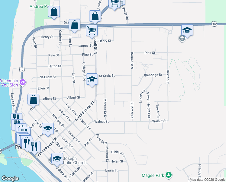 map of restaurants, bars, coffee shops, grocery stores, and more near 152 Monroe Street in Prescott