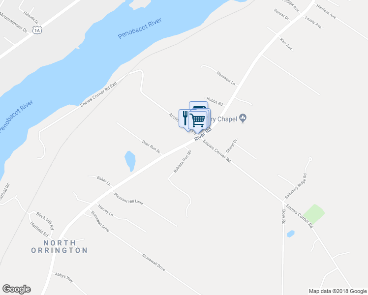 map of restaurants, bars, coffee shops, grocery stores, and more near 471 River Road in Orrington